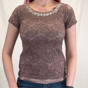 La Vanya Women's Lace Overlay Jeweled Neck Top Purple Stretch Tee Small